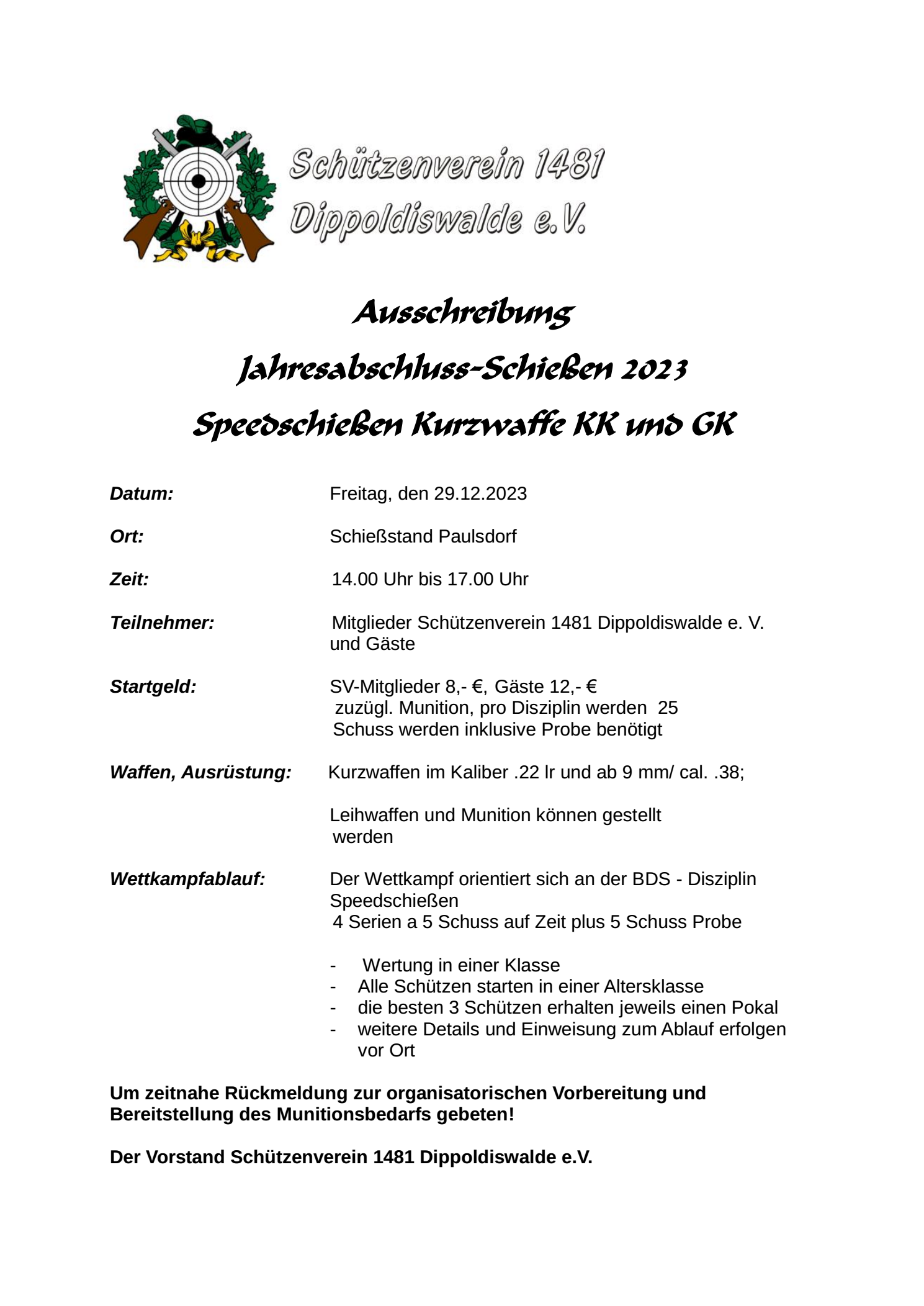 Jahresendschießen Ausschreibung